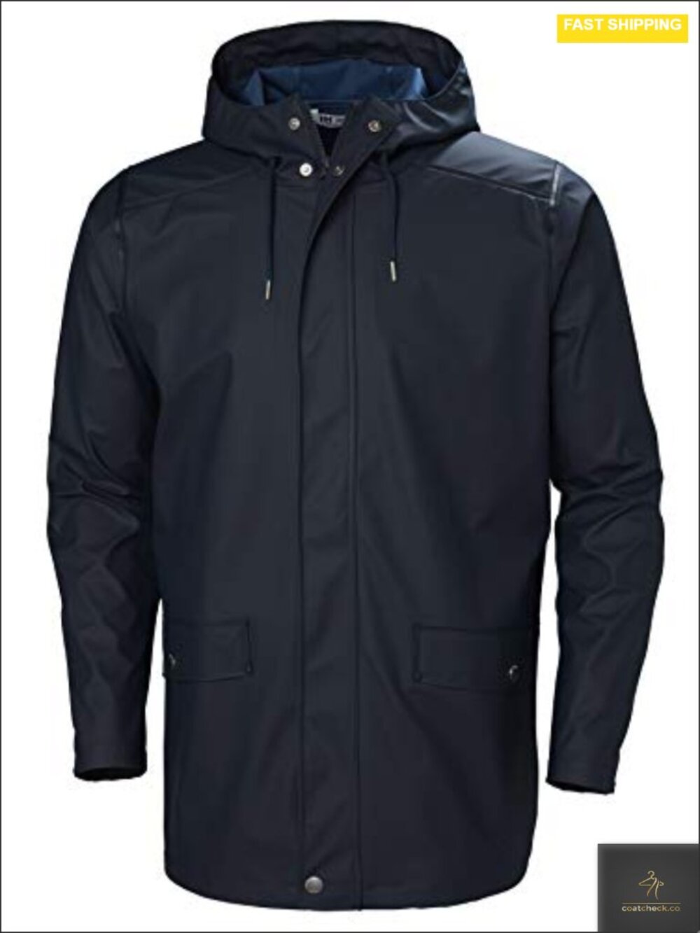Waterproof PU Raincoat with Hood, Zipper & Button Front